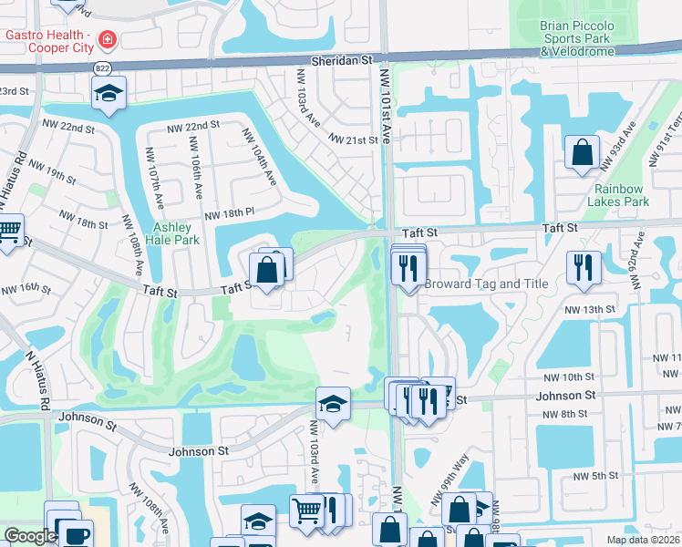 map of restaurants, bars, coffee shops, grocery stores, and more near 1470 Fairway Road in Pembroke Pines
