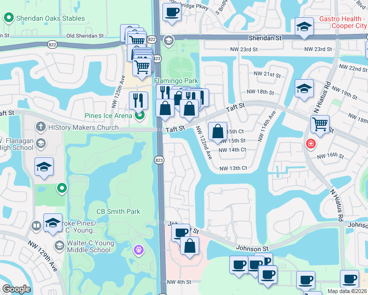 map of restaurants, bars, coffee shops, grocery stores, and more near 1401 Northwest 122nd Terrace in Pembroke Pines