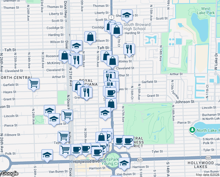 map of restaurants, bars, coffee shops, grocery stores, and more near 1050 South Federal Highway in Hollywood