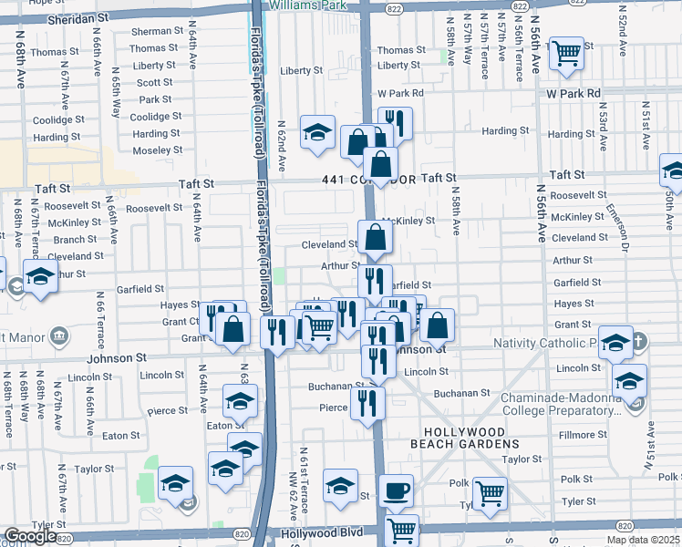 map of restaurants, bars, coffee shops, grocery stores, and more near 6034 Arthur Street in Hollywood