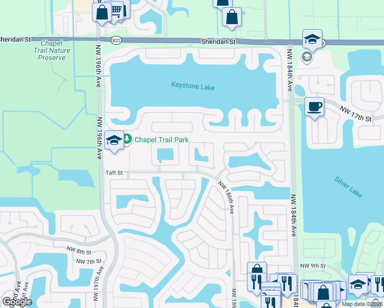 map of restaurants, bars, coffee shops, grocery stores, and more near 2031 Northwest 190th Avenue in Pembroke Pines