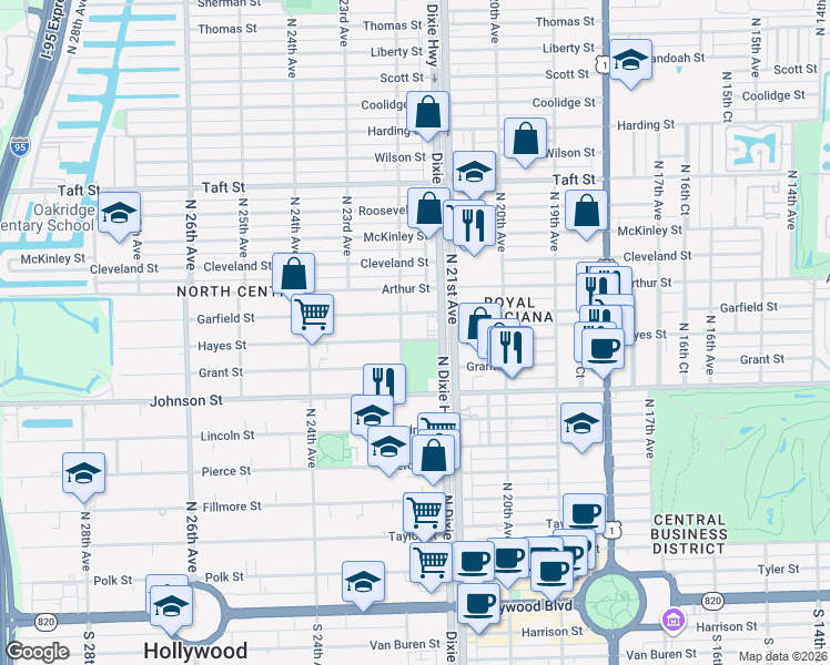 map of restaurants, bars, coffee shops, grocery stores, and more near 1101 North 22nd Avenue in Hollywood