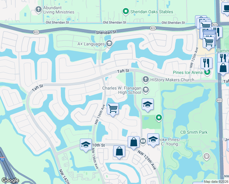 map of restaurants, bars, coffee shops, grocery stores, and more near 13254 Northwest 15th Court in Pembroke Pines