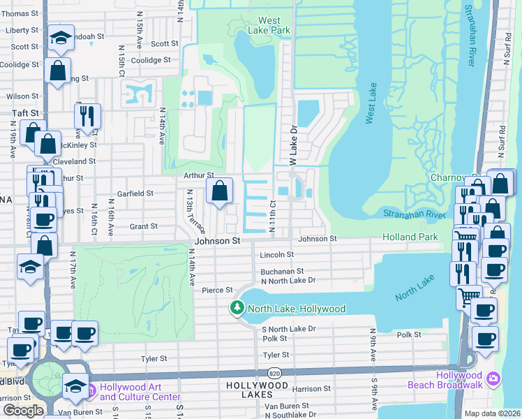 map of restaurants, bars, coffee shops, grocery stores, and more near 1163 Grant Street in Hollywood
