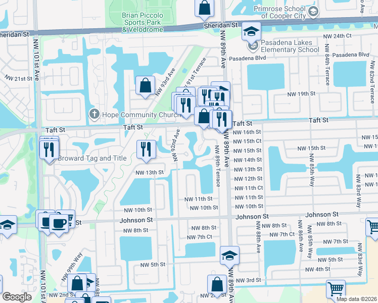 map of restaurants, bars, coffee shops, grocery stores, and more near 551 Lime Tree Lane in Pembroke Pines