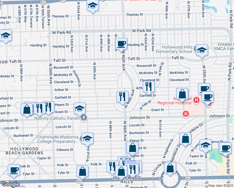 map of restaurants, bars, coffee shops, grocery stores, and more near 4712 Garfield Street in Hollywood