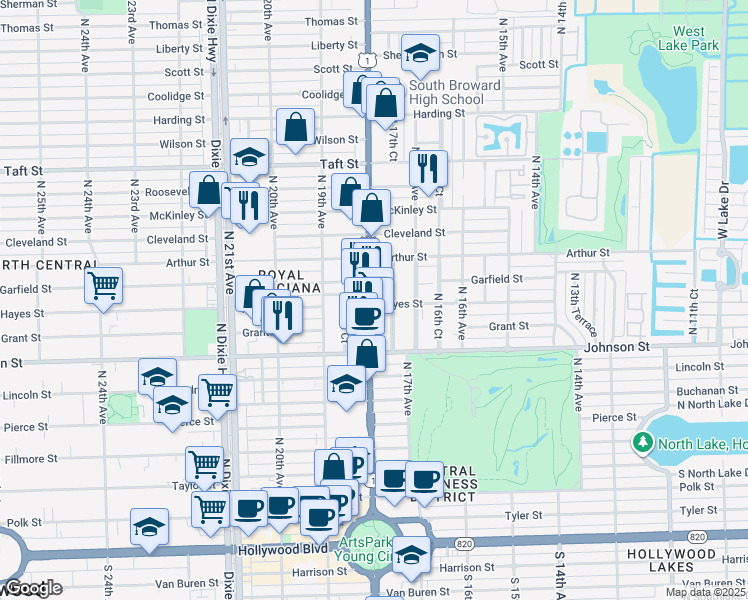map of restaurants, bars, coffee shops, grocery stores, and more near 1050 South Federal Highway in Hollywood