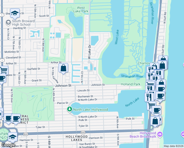 map of restaurants, bars, coffee shops, grocery stores, and more near 1041 Satinleaf Street in Hollywood