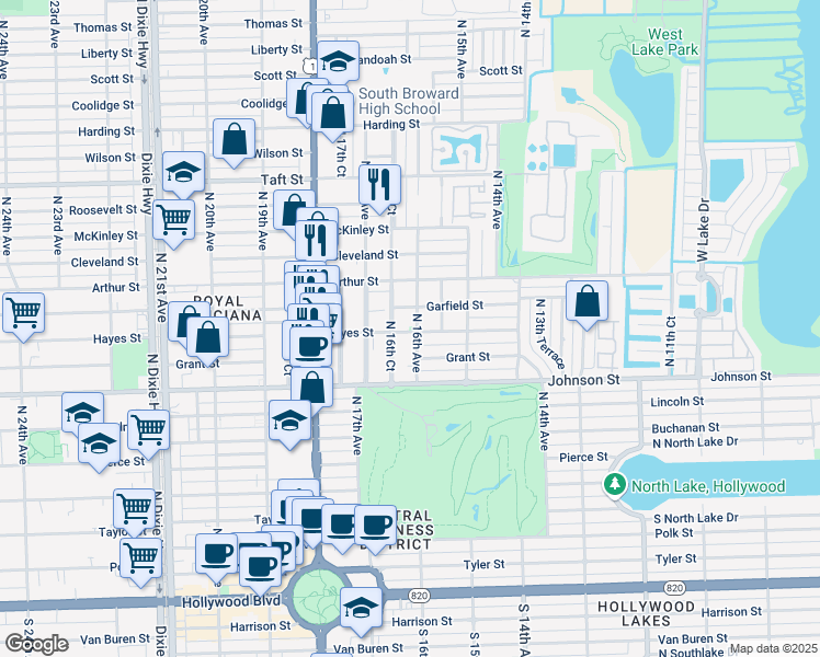 map of restaurants, bars, coffee shops, grocery stores, and more near 1031 North 16th Avenue in Hollywood