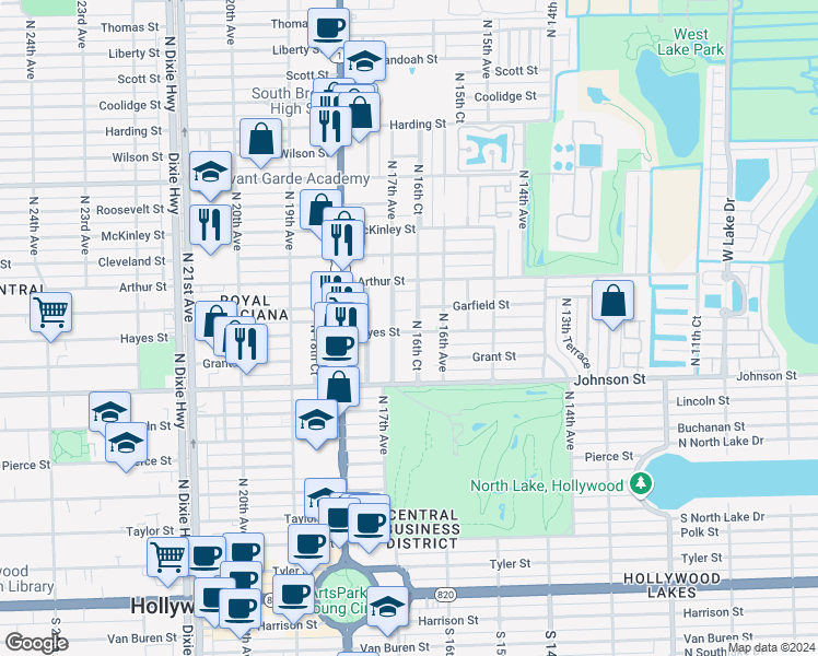 map of restaurants, bars, coffee shops, grocery stores, and more near 1018-1022 North 16th Avenue in Hollywood