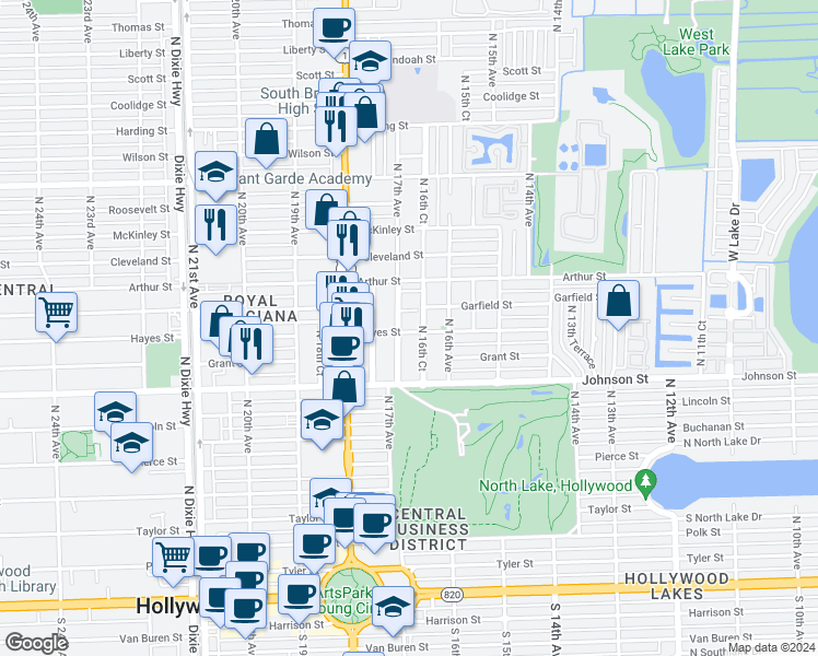 map of restaurants, bars, coffee shops, grocery stores, and more near 1018-1022 North 16th Avenue in Hollywood