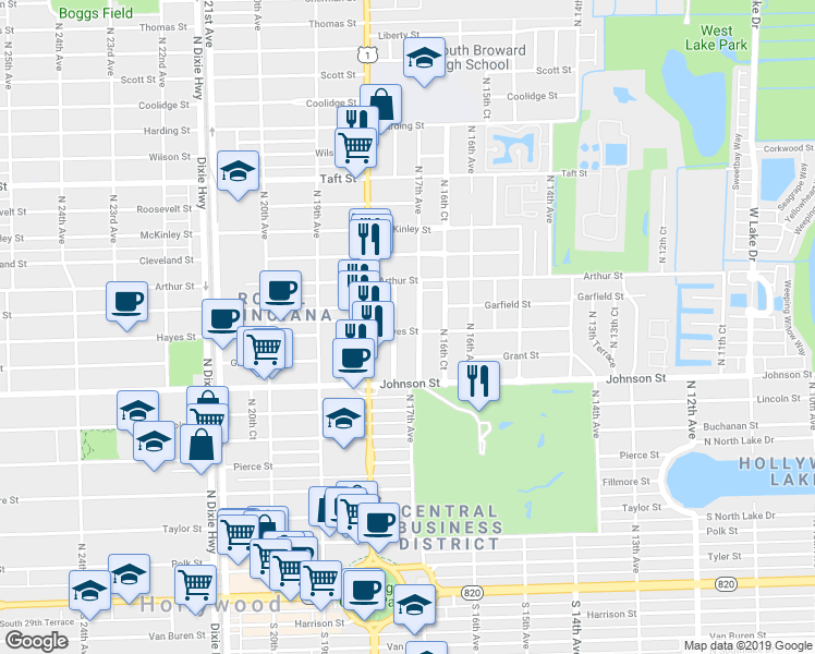 map of restaurants, bars, coffee shops, grocery stores, and more near 1025 North 17th Court in Hollywood