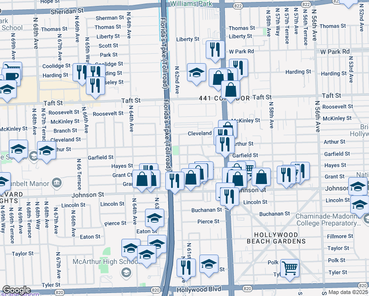 map of restaurants, bars, coffee shops, grocery stores, and more near 6129 Garfield Street in Hollywood