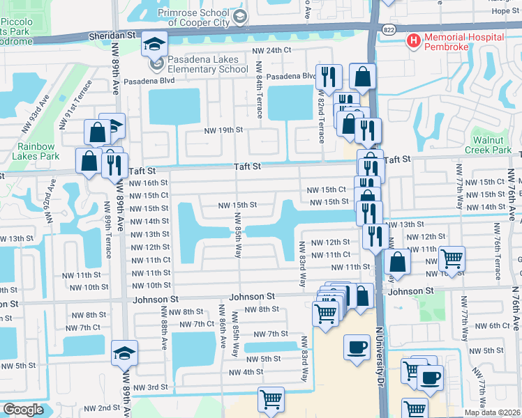 map of restaurants, bars, coffee shops, grocery stores, and more near 8480 Northwest 14th Street in Pembroke Pines