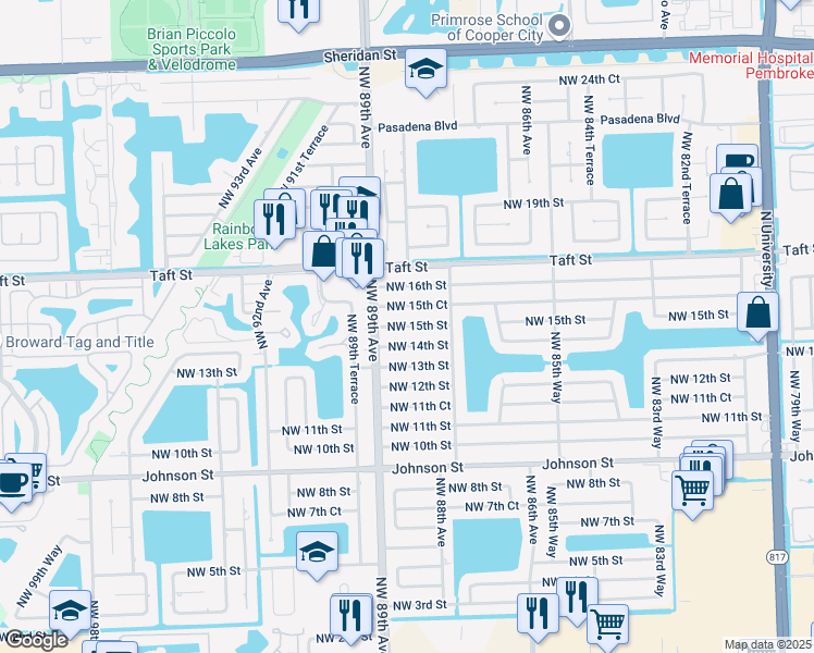 map of restaurants, bars, coffee shops, grocery stores, and more near 8861 Northwest 14th Street in Pembroke Pines