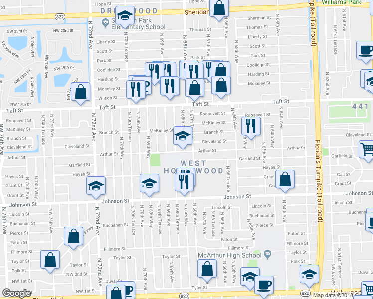 map of restaurants, bars, coffee shops, grocery stores, and more near 1301 North 68th Avenue in Hollywood