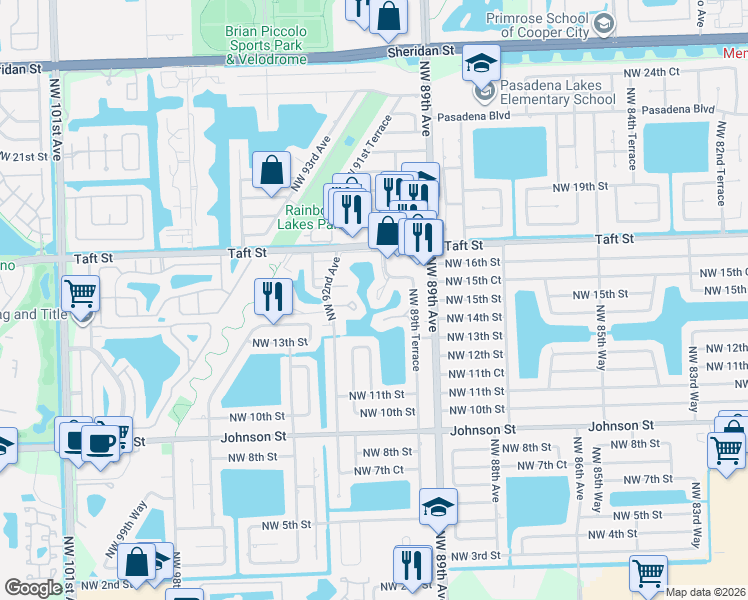 map of restaurants, bars, coffee shops, grocery stores, and more near 8958 Palm Tree Lane in Pembroke Pines