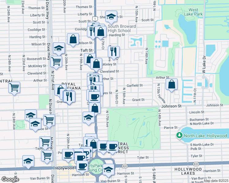 map of restaurants, bars, coffee shops, grocery stores, and more near 1018-1022 North 16th Avenue in Hollywood