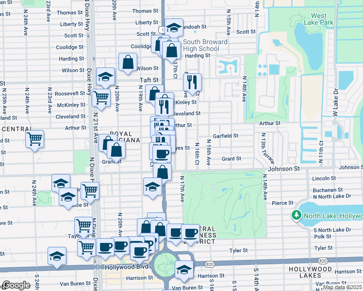 map of restaurants, bars, coffee shops, grocery stores, and more near 1715 Hayes Street in Hollywood