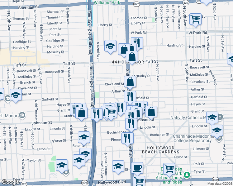 map of restaurants, bars, coffee shops, grocery stores, and more near 6045 Garfield Street in Hollywood