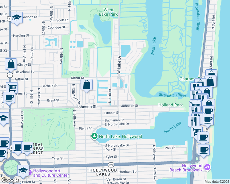 map of restaurants, bars, coffee shops, grocery stores, and more near 1105 Satinleaf Street in Hollywood