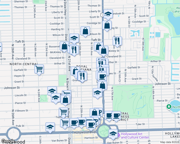 map of restaurants, bars, coffee shops, grocery stores, and more near 1019 North 19th Avenue in Hollywood
