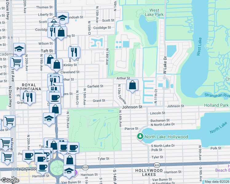 map of restaurants, bars, coffee shops, grocery stores, and more near 1012 North 13th Terrace in Hollywood