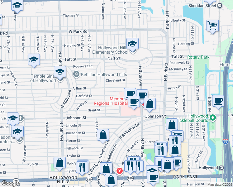 map of restaurants, bars, coffee shops, grocery stores, and more near 3816 Garfield Street in Hollywood