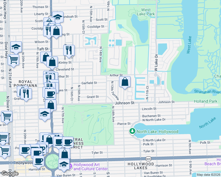map of restaurants, bars, coffee shops, grocery stores, and more near 1012 North 13th Terrace in Hollywood