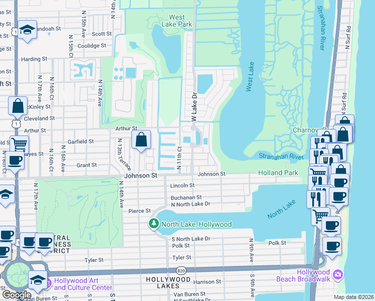 map of restaurants, bars, coffee shops, grocery stores, and more near 1105 Satinleaf Street in Hollywood