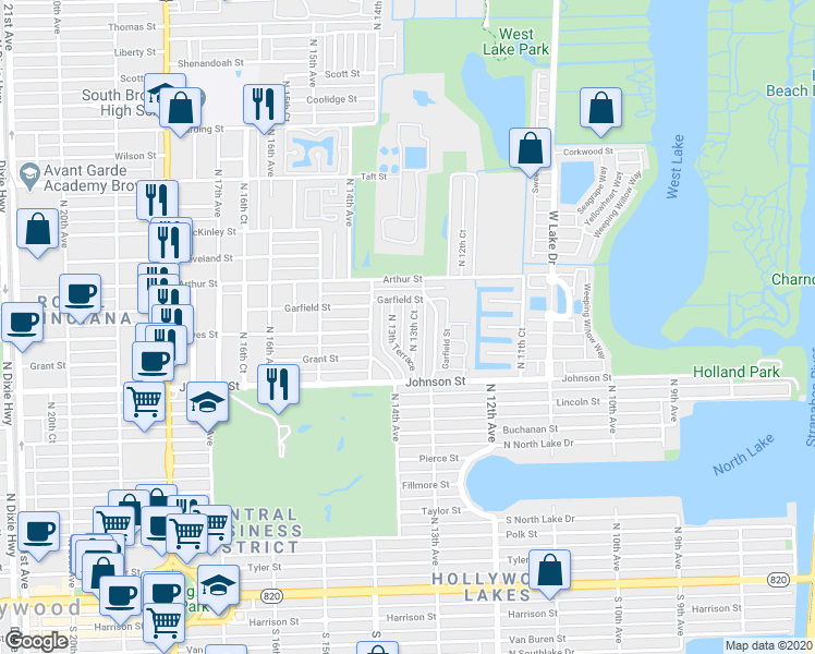 map of restaurants, bars, coffee shops, grocery stores, and more near 1008 North 13th Terrace in Hollywood