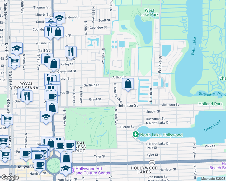 map of restaurants, bars, coffee shops, grocery stores, and more near 1012 North 13th Terrace in Hollywood
