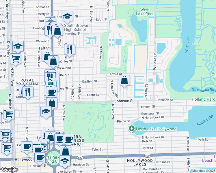 map of restaurants, bars, coffee shops, grocery stores, and more near 1012 North 13th Terrace in Hollywood