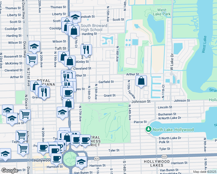 map of restaurants, bars, coffee shops, grocery stores, and more near 1500 Hayes Street in Hollywood