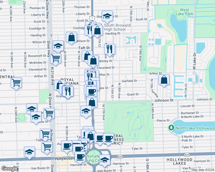 map of restaurants, bars, coffee shops, grocery stores, and more near 1018-1022 North 16th Avenue in Hollywood