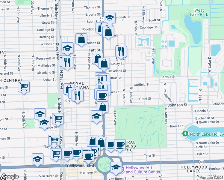 map of restaurants, bars, coffee shops, grocery stores, and more near 1025 North 17th Court in Hollywood