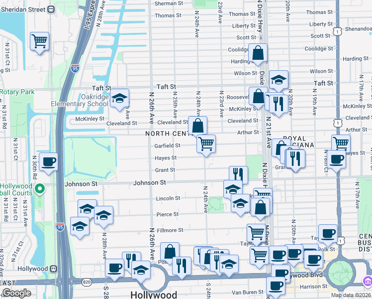 map of restaurants, bars, coffee shops, grocery stores, and more near 2456 Hayes Street in Hollywood