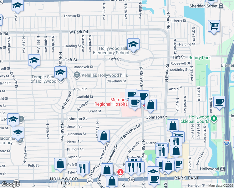 map of restaurants, bars, coffee shops, grocery stores, and more near 3816 Garfield Street in Hollywood