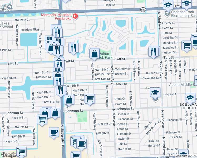 map of restaurants, bars, coffee shops, grocery stores, and more near 7721 Northwest 13th Street in Pembroke Pines