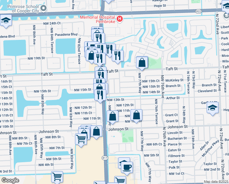 map of restaurants, bars, coffee shops, grocery stores, and more near 7941 Northwest 13th Street in Pembroke Pines