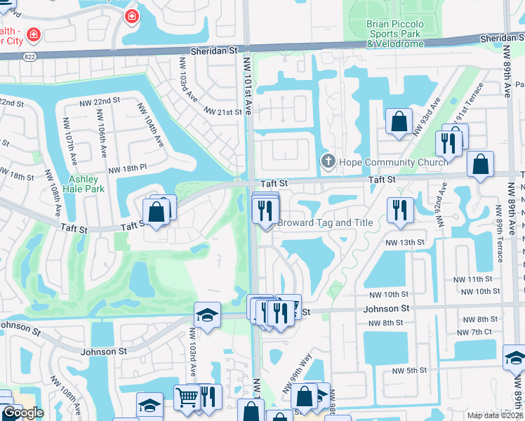map of restaurants, bars, coffee shops, grocery stores, and more near 1431 North Palm Avenue in Pembroke Pines
