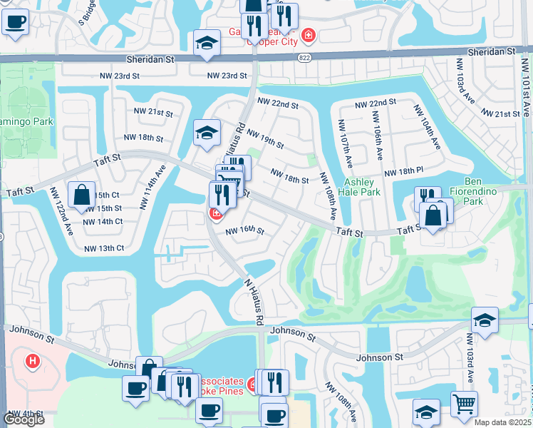 map of restaurants, bars, coffee shops, grocery stores, and more near 11001 Northwest 16th Street in Pembroke Pines