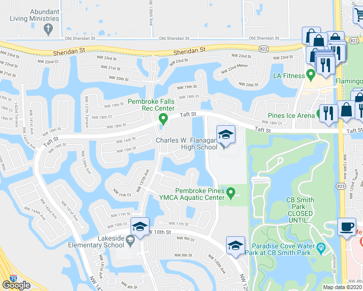 map of restaurants, bars, coffee shops, grocery stores, and more near 13254 Northwest 15th Court in Pembroke Pines