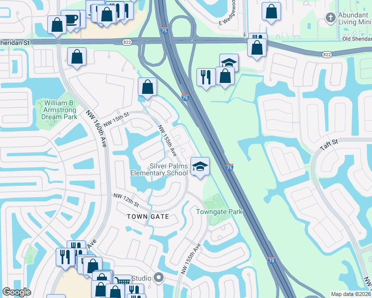 map of restaurants, bars, coffee shops, grocery stores, and more near 1300 Northwest 154th Lane in Pembroke Pines