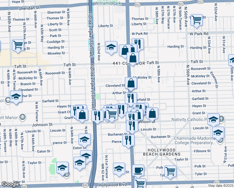 map of restaurants, bars, coffee shops, grocery stores, and more near 6045 Garfield Street in Hollywood