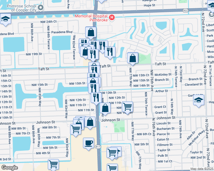 map of restaurants, bars, coffee shops, grocery stores, and more near 7941 Northwest 13th Street in Pembroke Pines