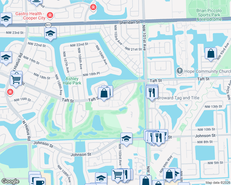 map of restaurants, bars, coffee shops, grocery stores, and more near 1551 Rue Vendome in Pembroke Pines