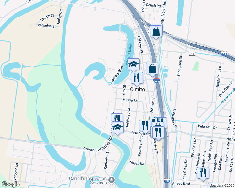 map of restaurants, bars, coffee shops, grocery stores, and more near Anacu St in Olmito