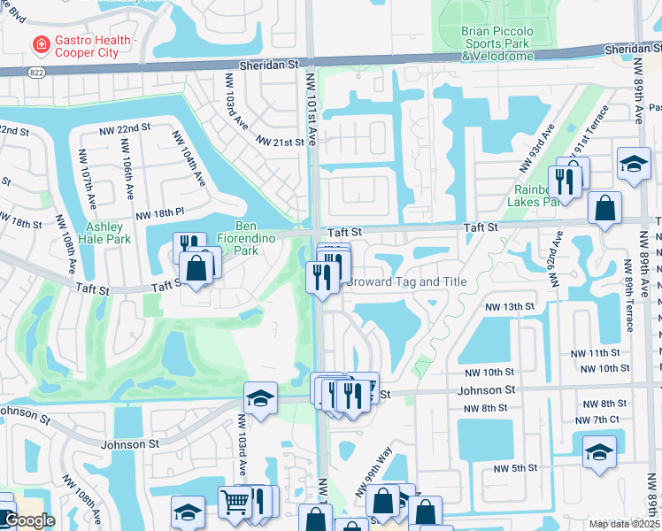 map of restaurants, bars, coffee shops, grocery stores, and more near 1431 North Palm Avenue in Pembroke Pines