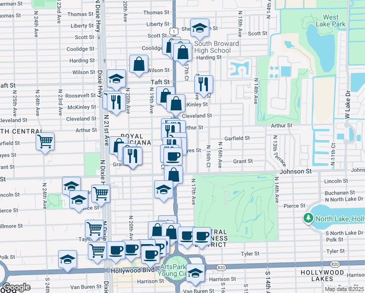 map of restaurants, bars, coffee shops, grocery stores, and more near 1025 North 17th Court in Hollywood